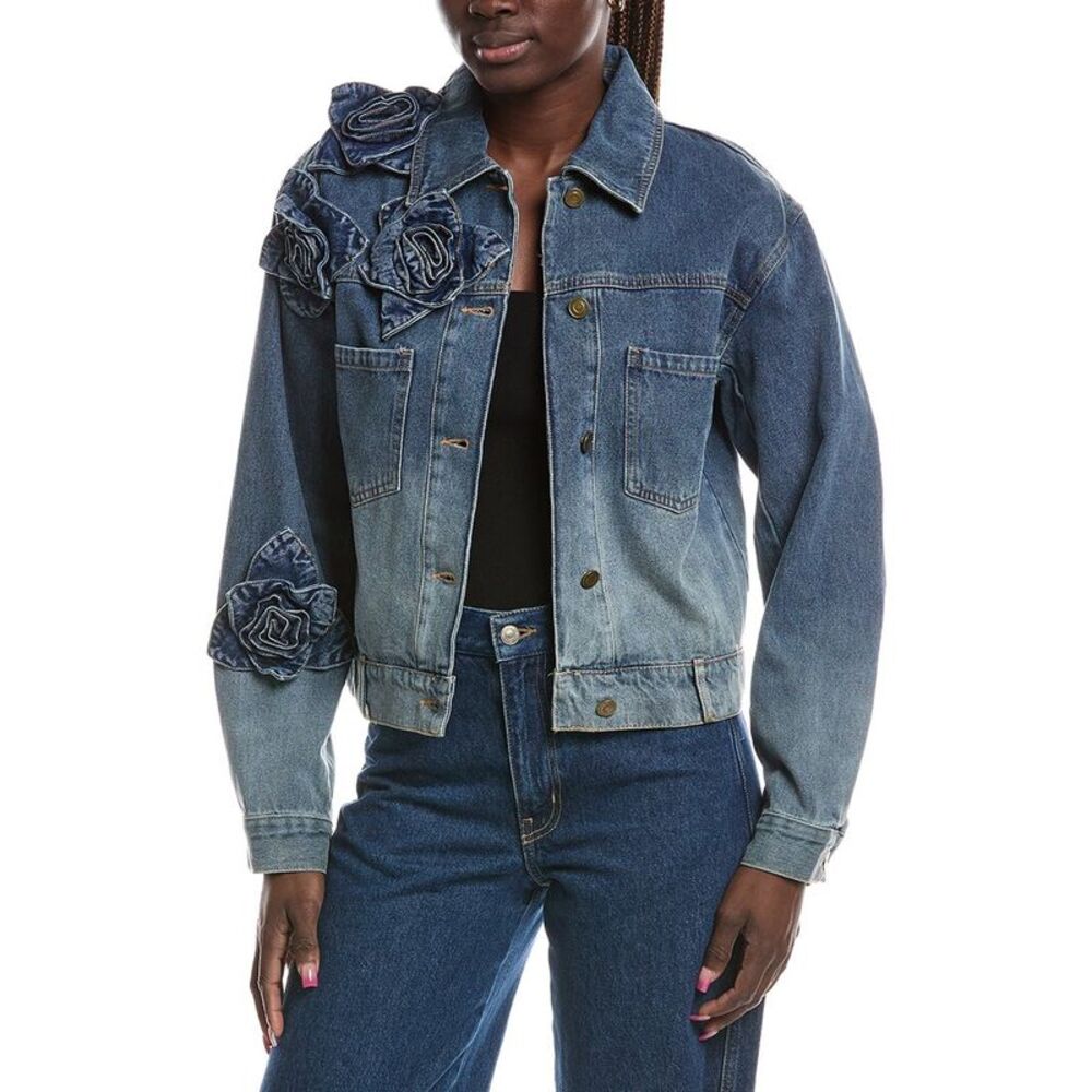 Gracia Womens  Flower Attached Denim Jacket, Blue